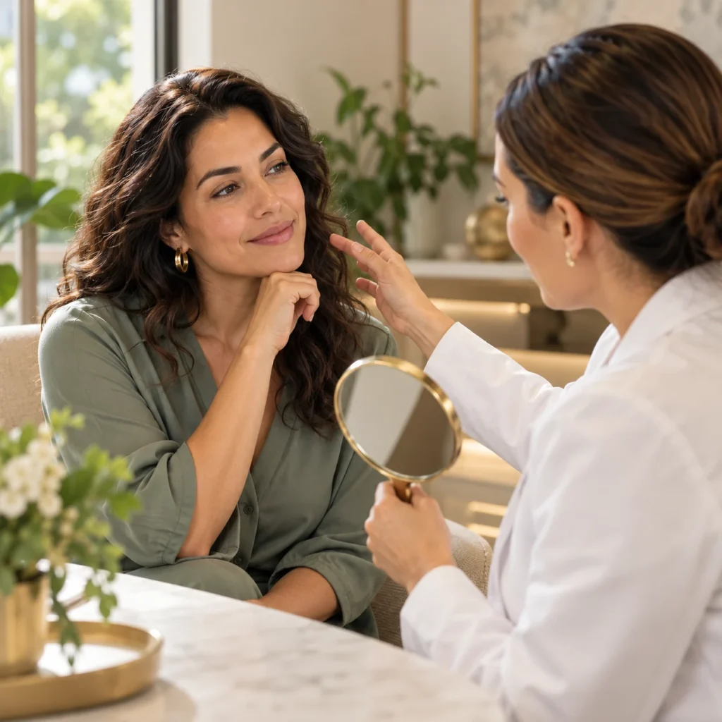 Escena ilustrativa de una valoración facial: una mujer conversa con una profesional frente a un espejo.